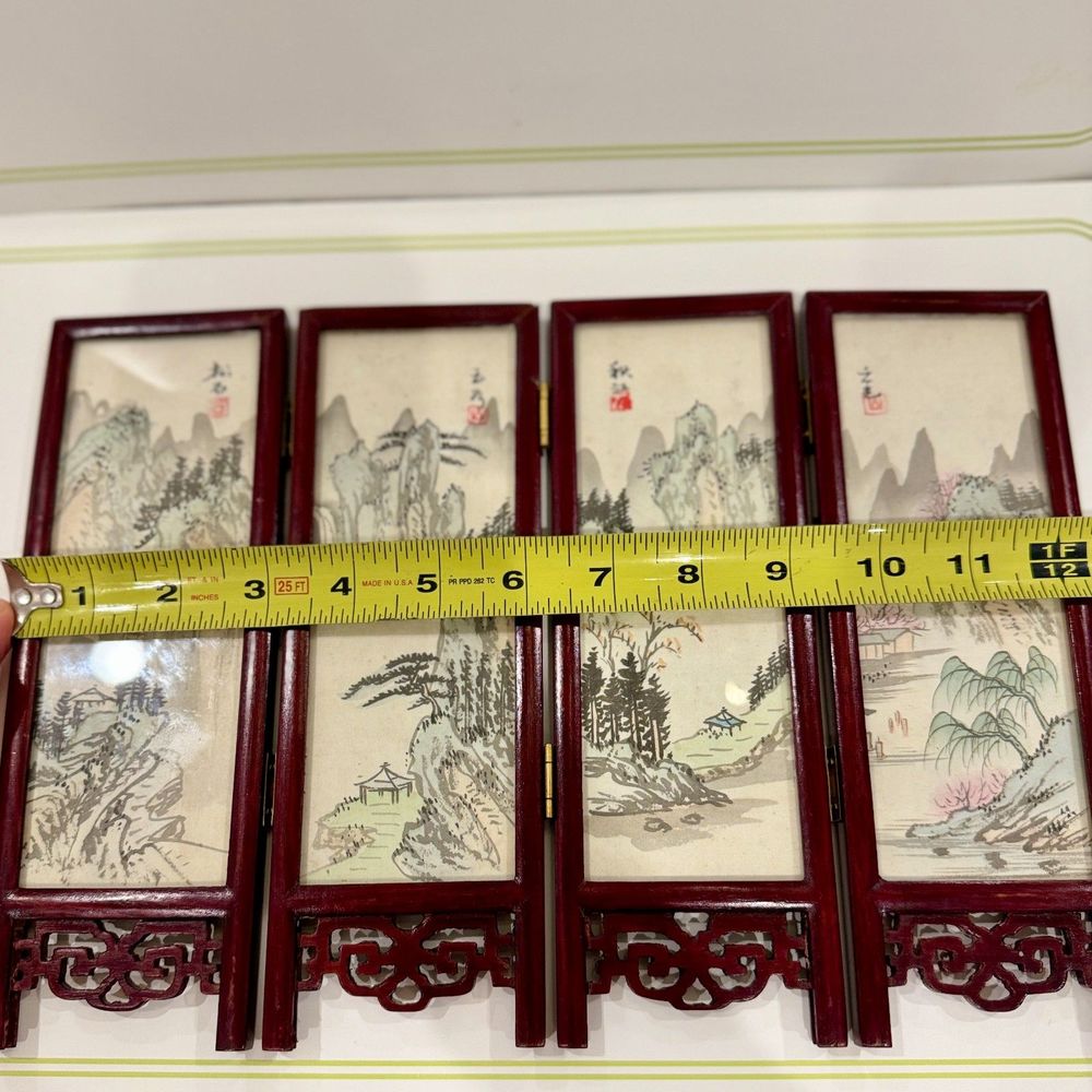 Chinese 4 Panel Screen Hand Painted Silk Lacquer Rose Wood - Signed, VTG, RARE - Picture 8 of 11